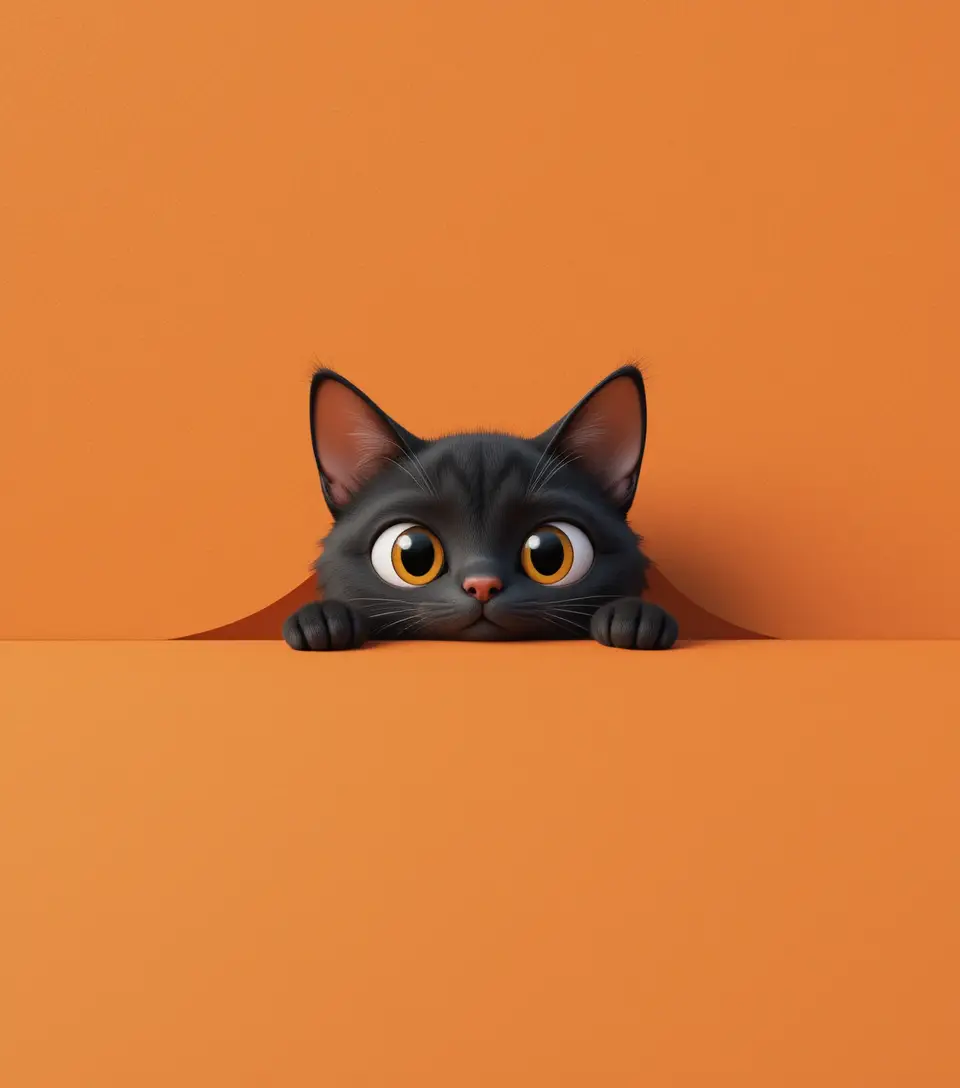 Round eyed black cartoon cat under orange shadow