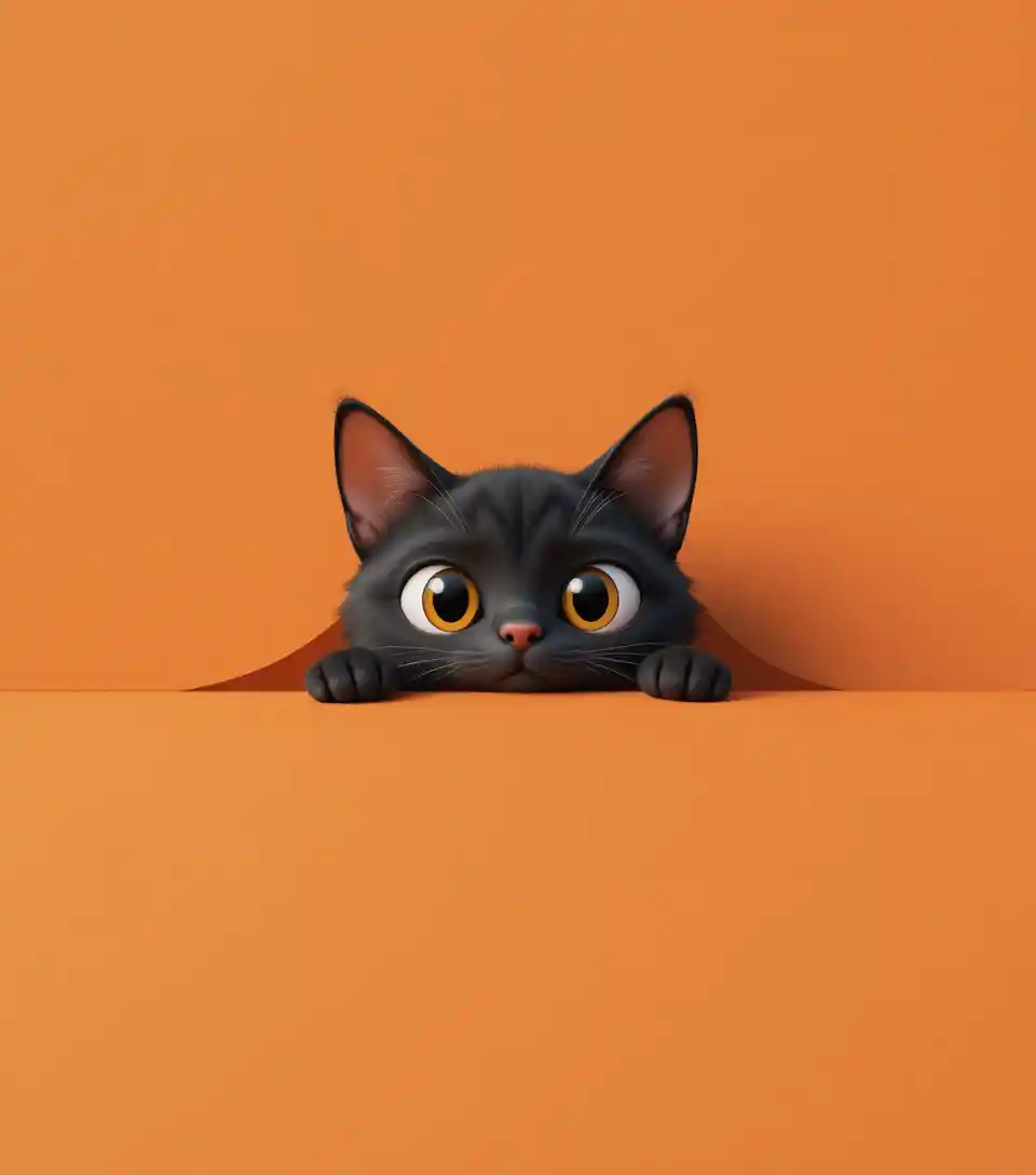 Round eyed black cartoon cat under orange shadow