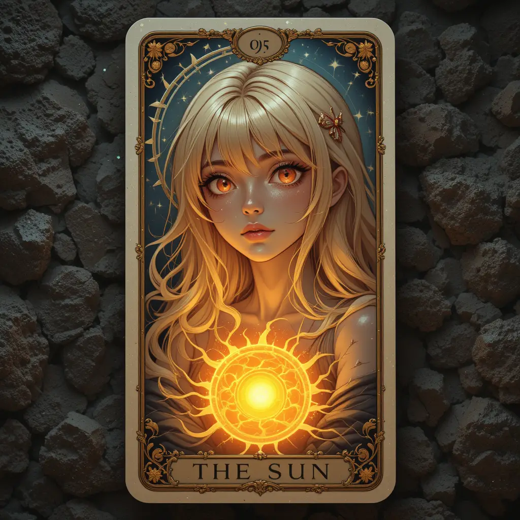 Anime tarot card of the sun with glowing woman