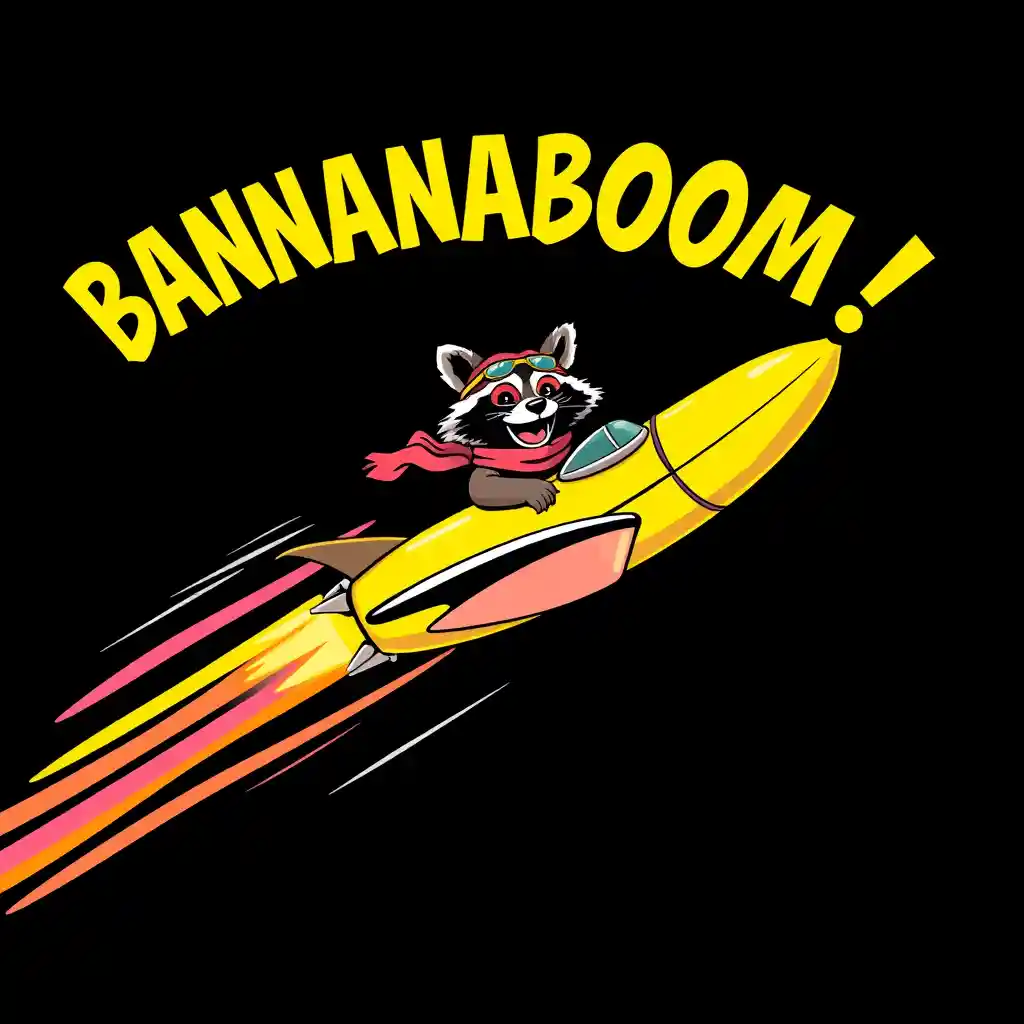 Cartoon banana jet with raccoon pilot and comic text