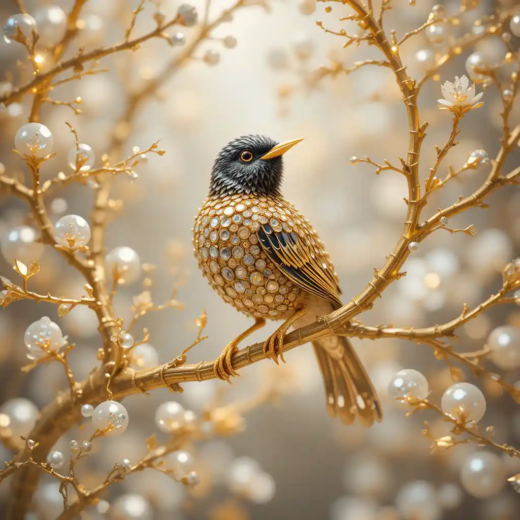 Golden songbird on jeweled tree in sparkling light
