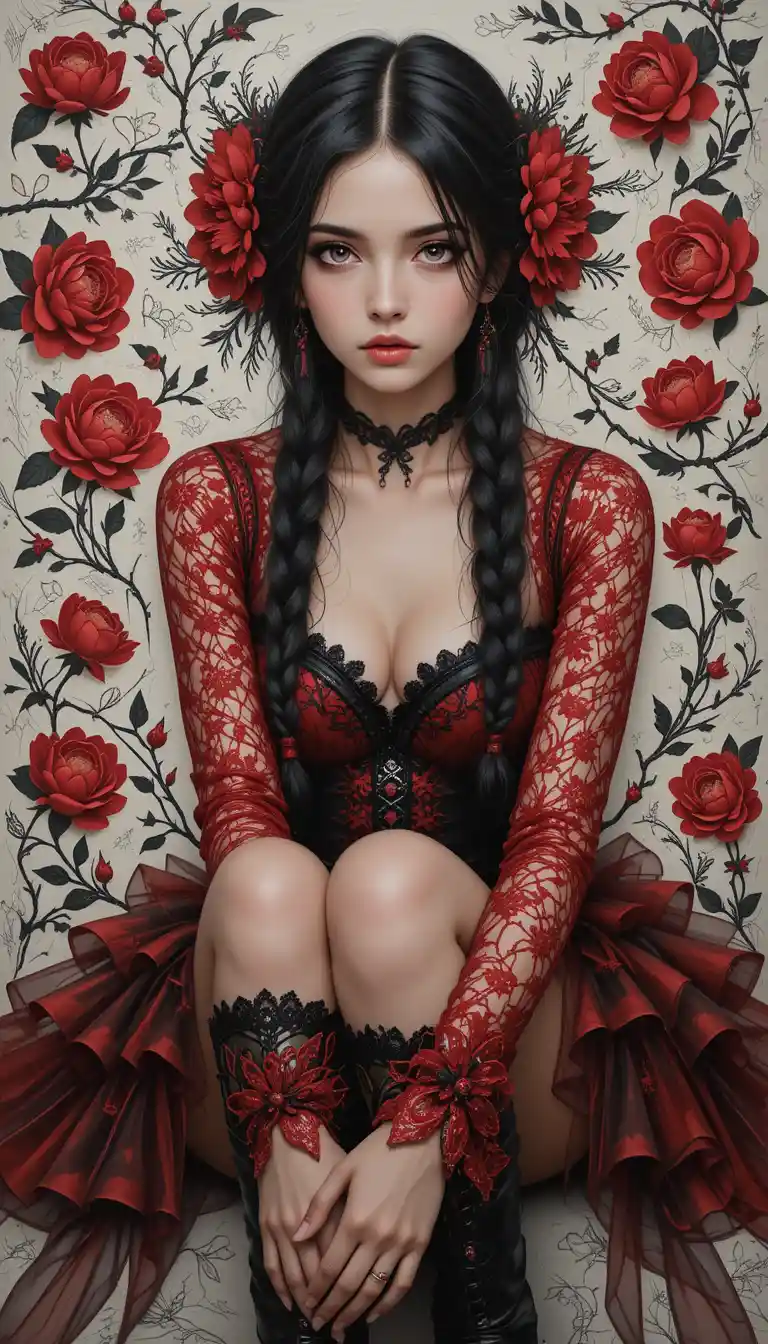 Sad girl in red lace with peony flowers