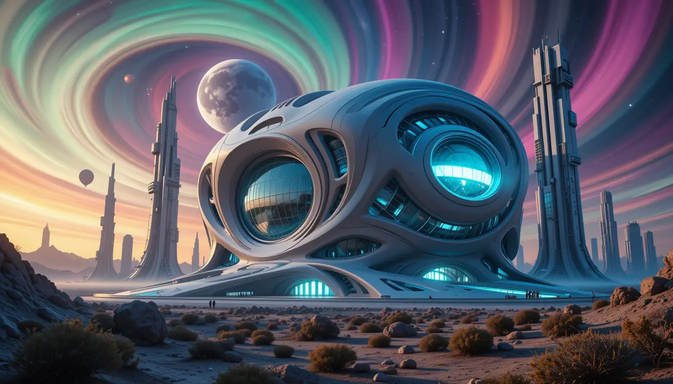 Futuristic rounded building in a surreal desert cityscape