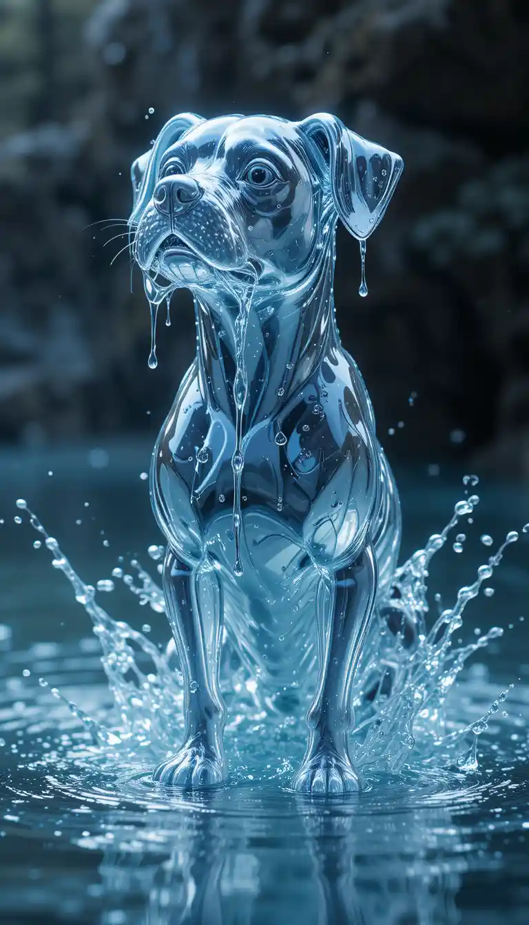 Small dog statue made entirely from splashing water