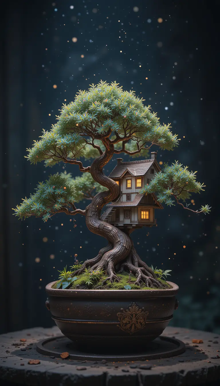 Fantasy bonsai tree with tiny house in dark atmosphere
