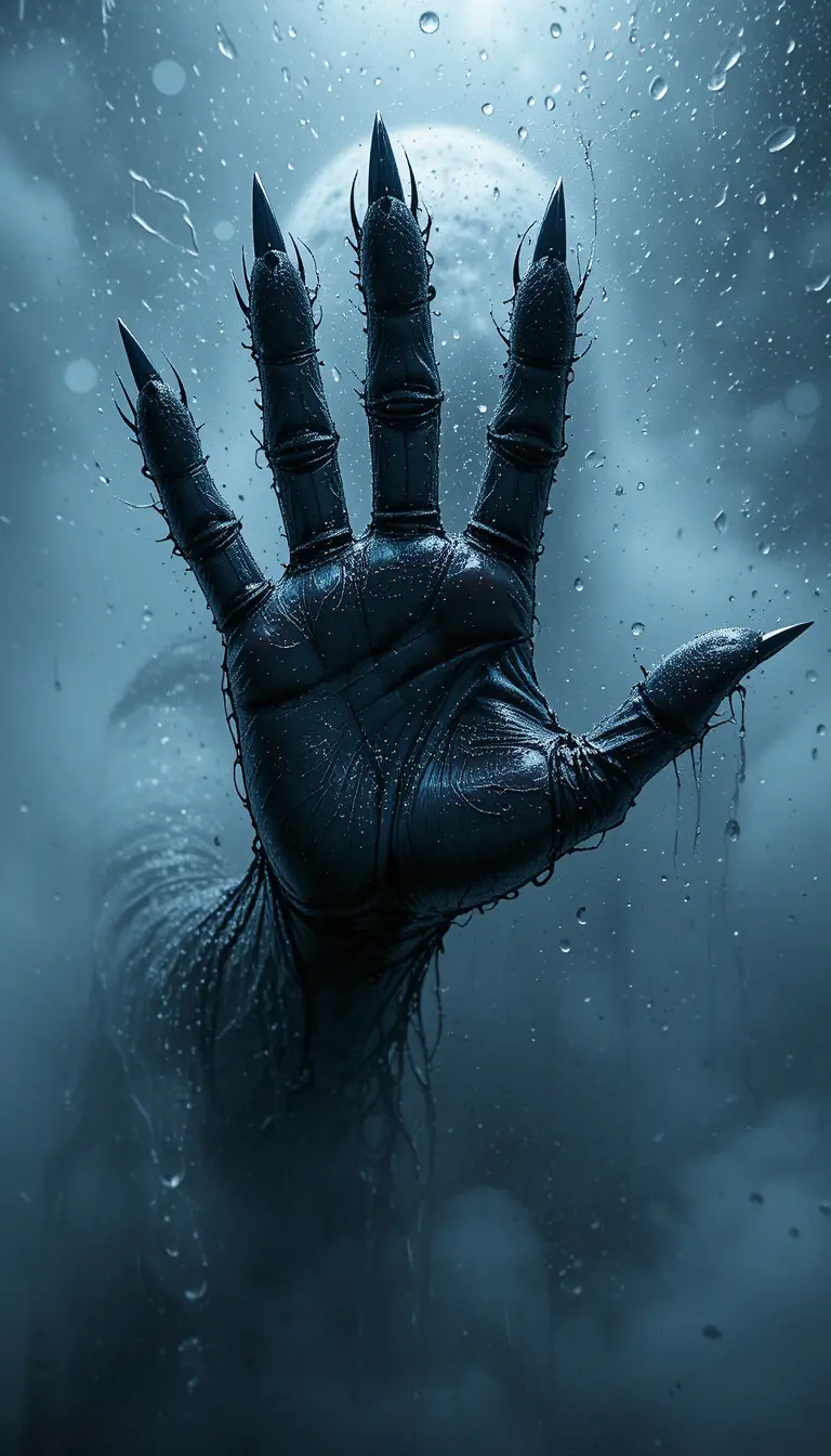 Black hand pressed on foggy bathroom glass in dim light
