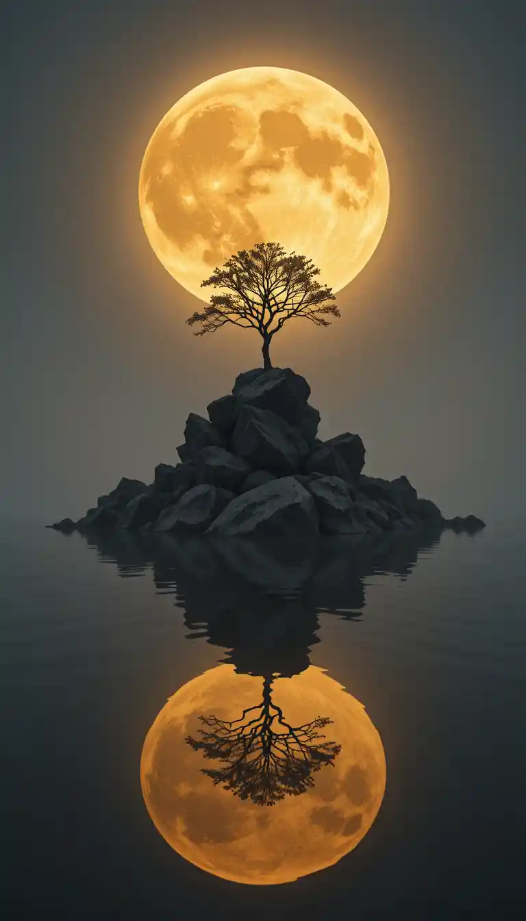 Solitary Tree On Rocks Reflected Beneath A Golden Moon
