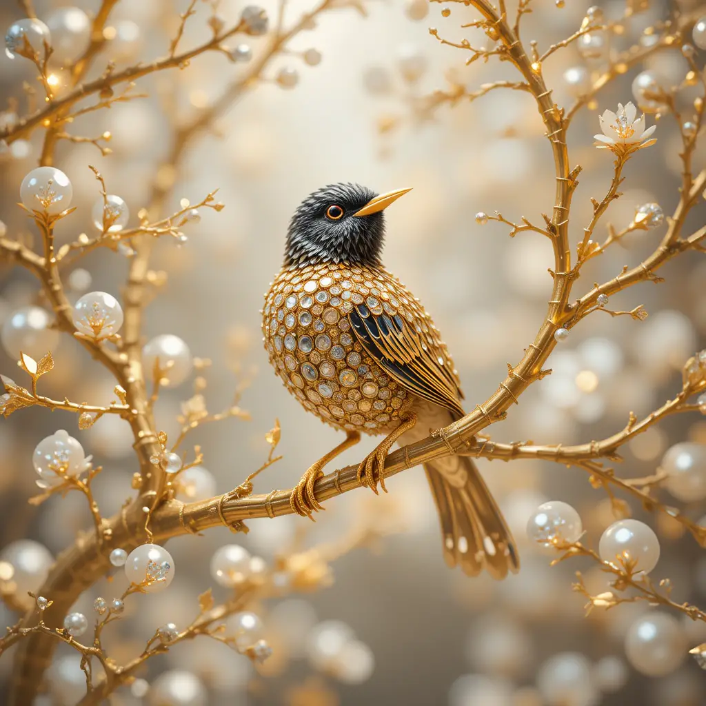 Golden songbird on jeweled tree in sparkling light