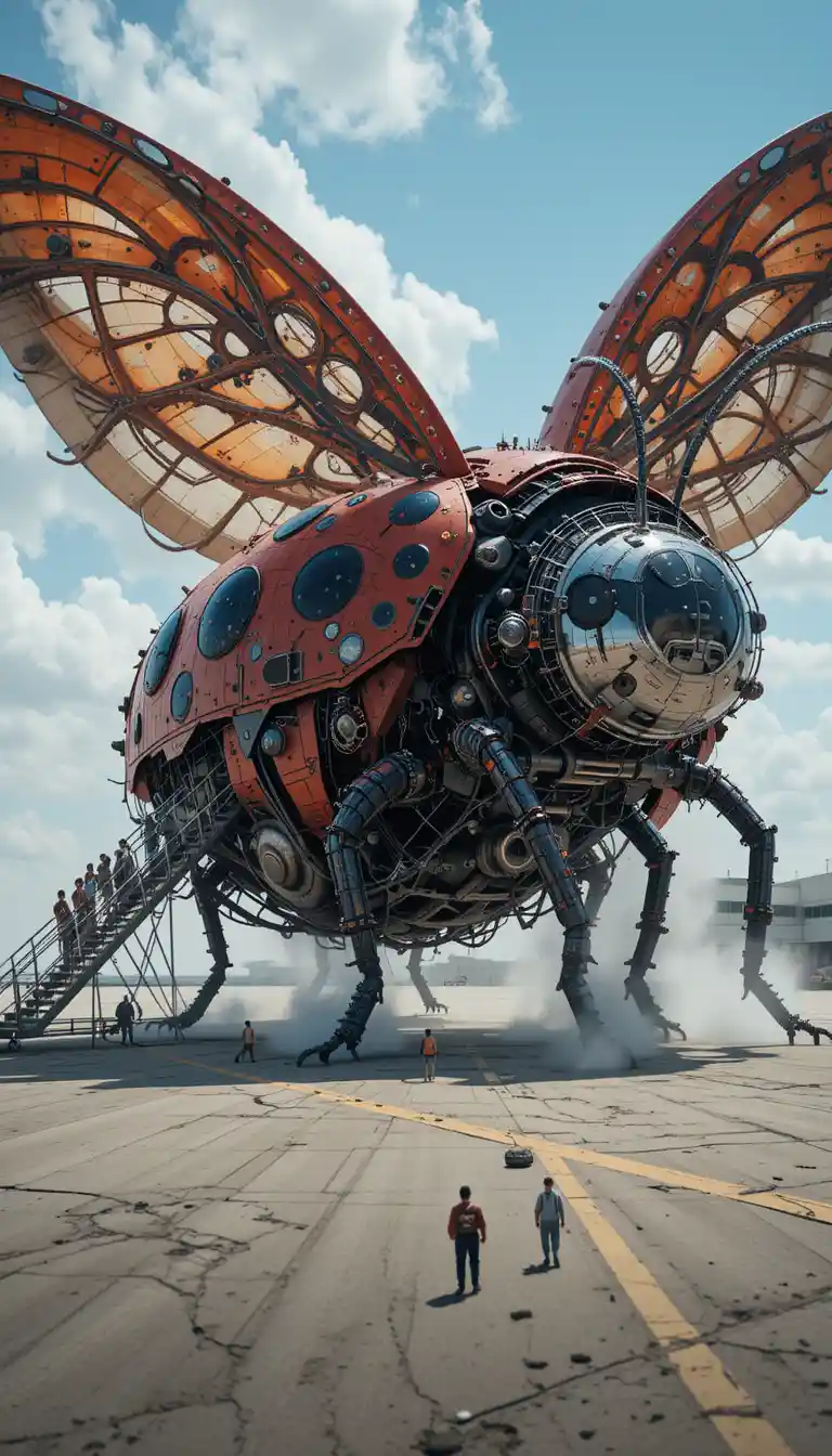 Mechanical ladybug aircraft on sunny airport runway