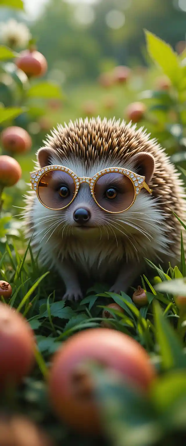 Cute hedgehog with golden diamond glasses in garden