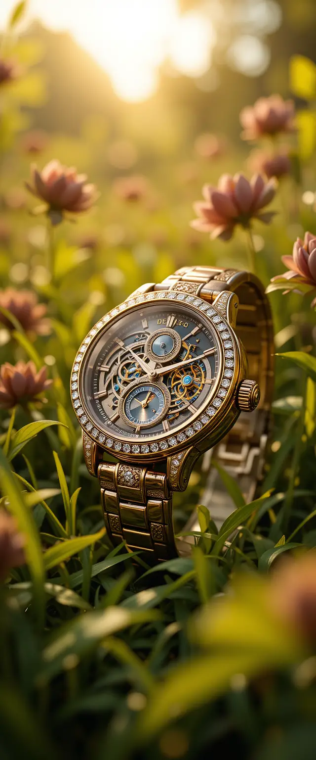 Golden diamond eyeglasses in a lush sunlit garden