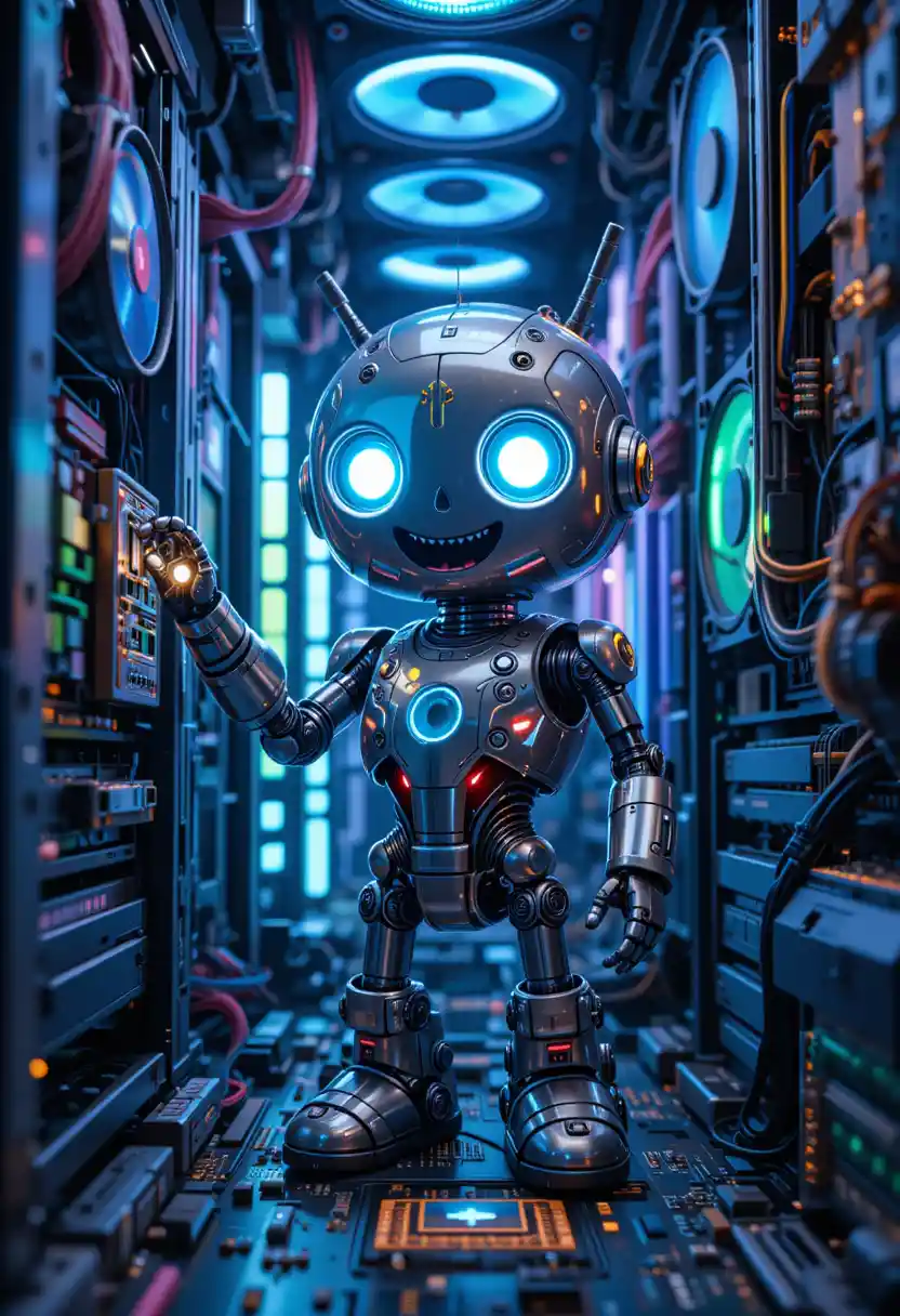 Piccolo robot amichevole che lavora dentro un computer luminoso