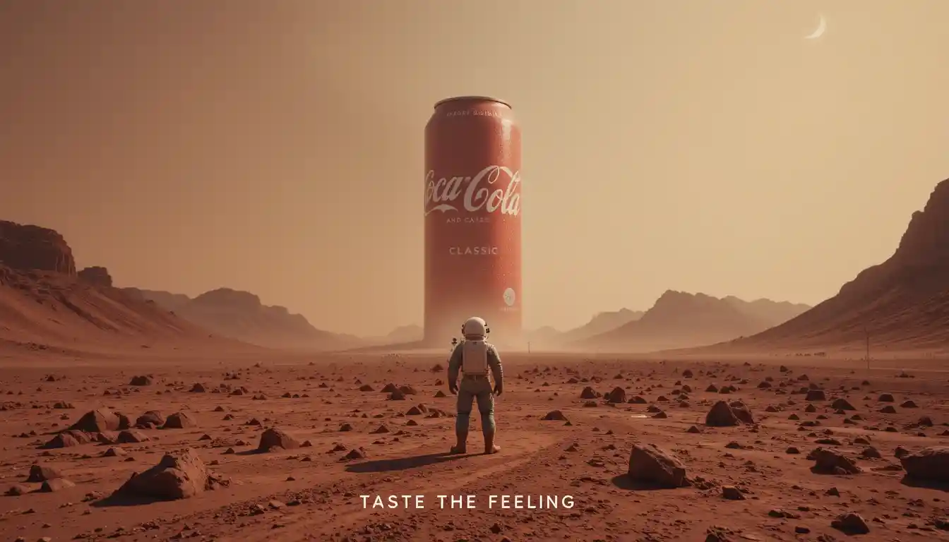 Astronaut Facing Giant Soda Can On Alien Landscape