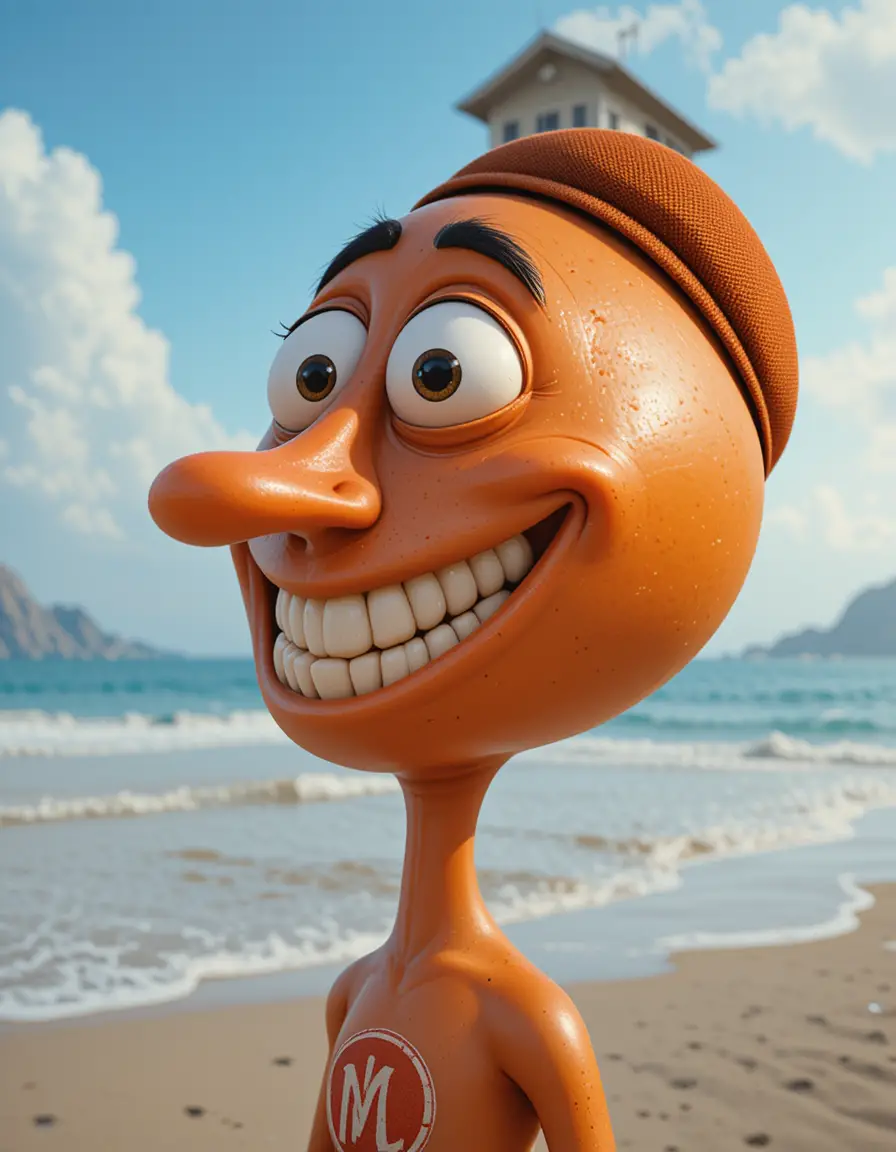 Crazy orange tomato head portrait smiling on the beach