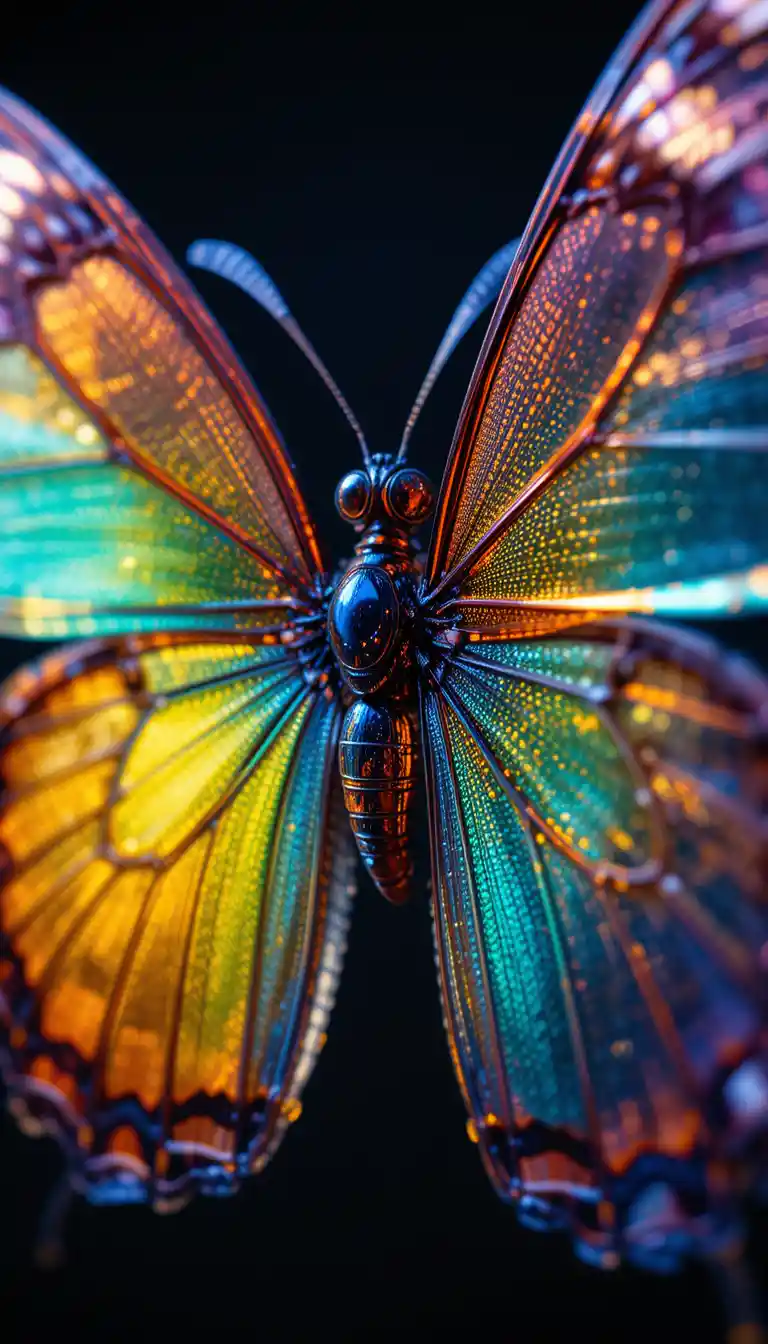 Colorful neon butterfly with glass like texture close up