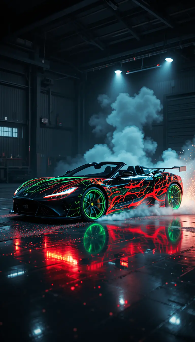 Black convertible sports car drifting in industrial garage