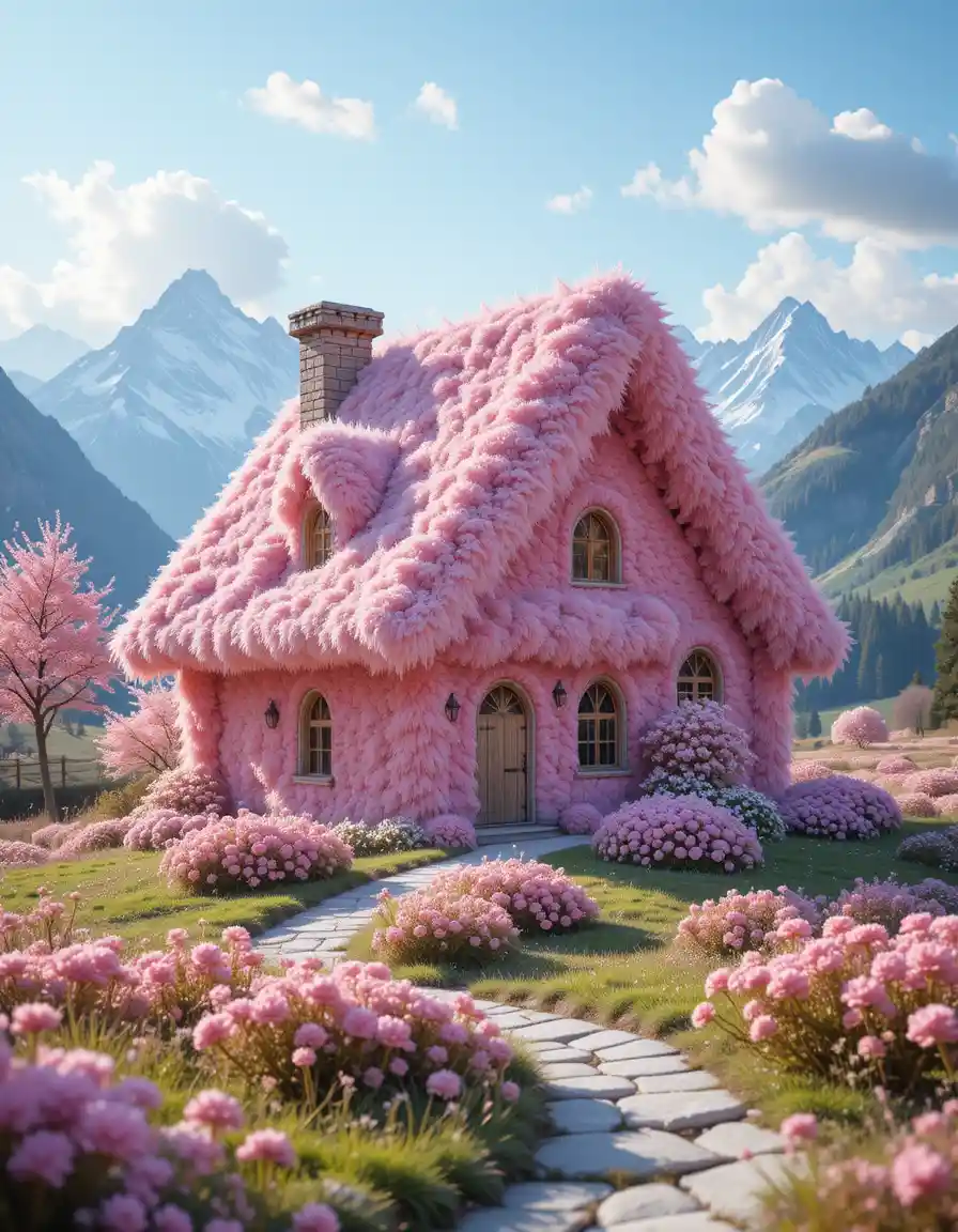 Magical Pink House In A Fantasy Mountain Landscape