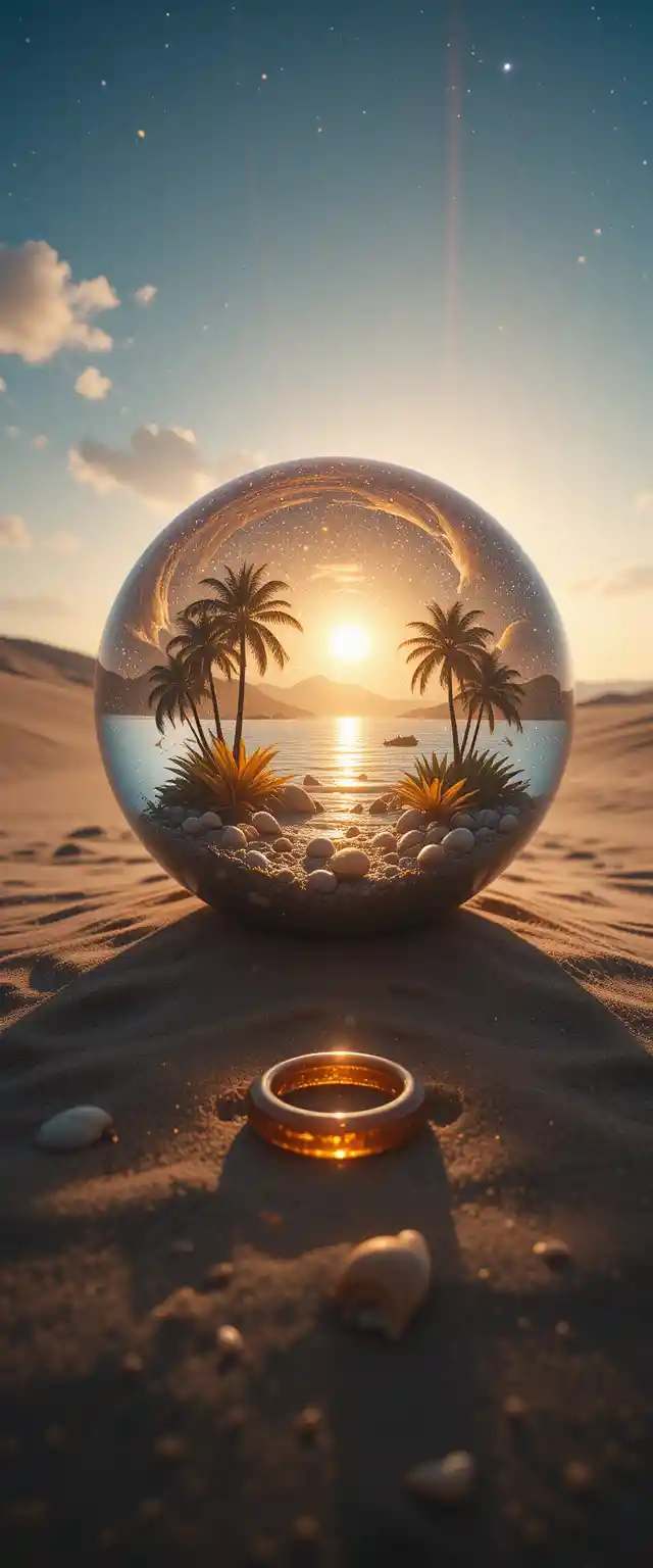 Glass sphere with caribbean seascape in desert sand