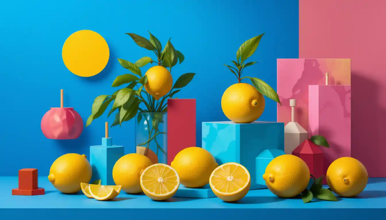 Vibrant still life with lemons and geometric shapes