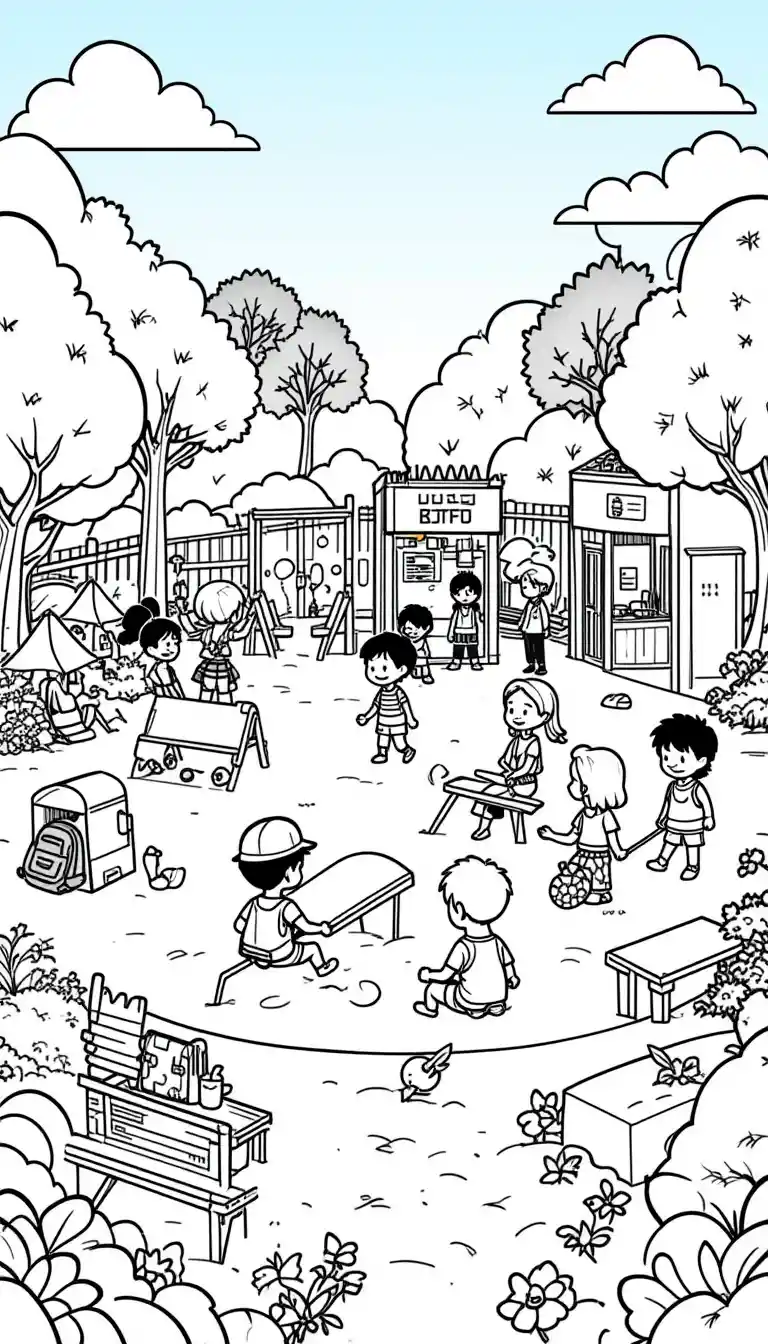 Cartoon Playground Scene With Children Playing Together
