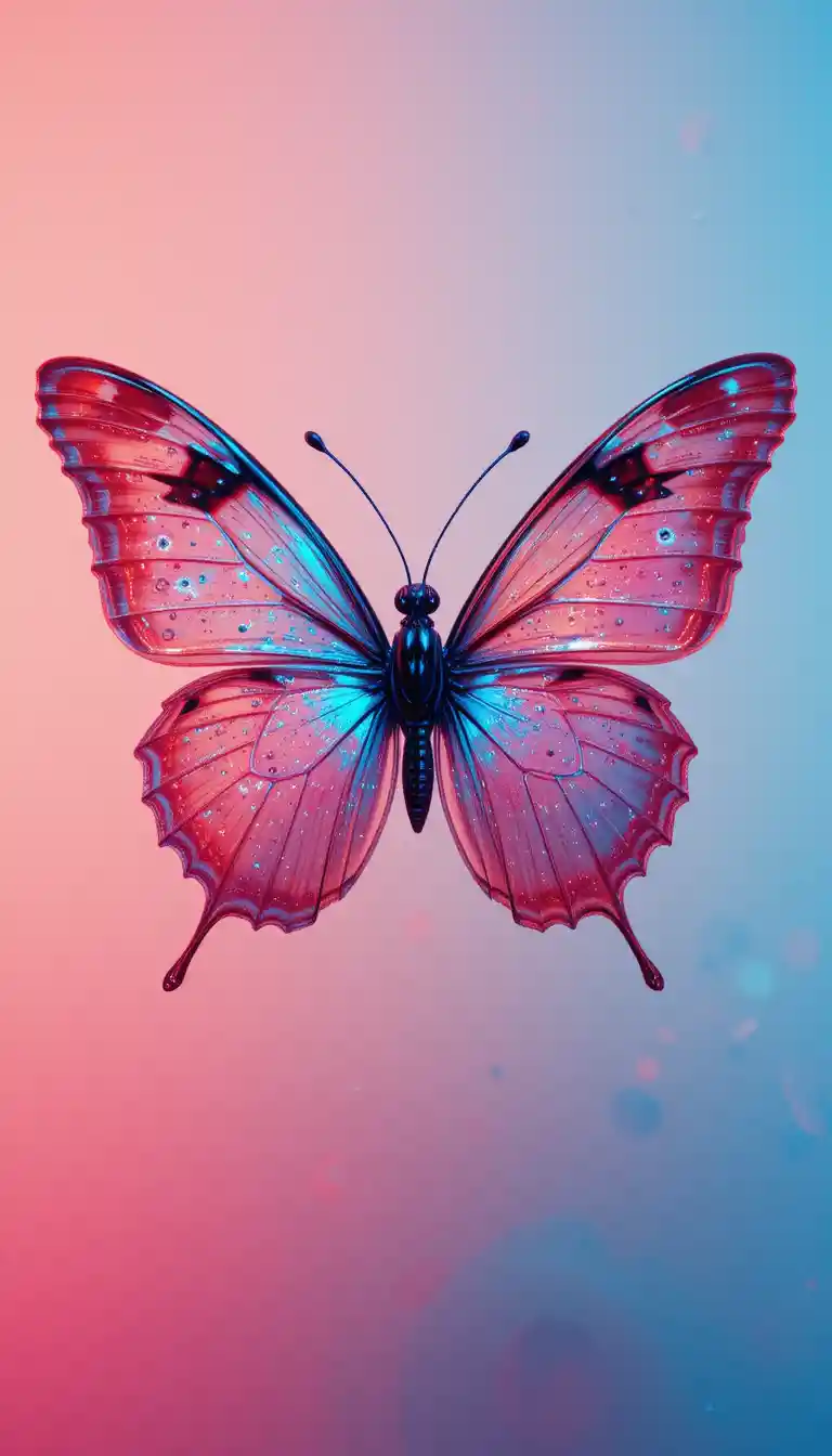 Colorful butterfly with glass texture under neon studio light