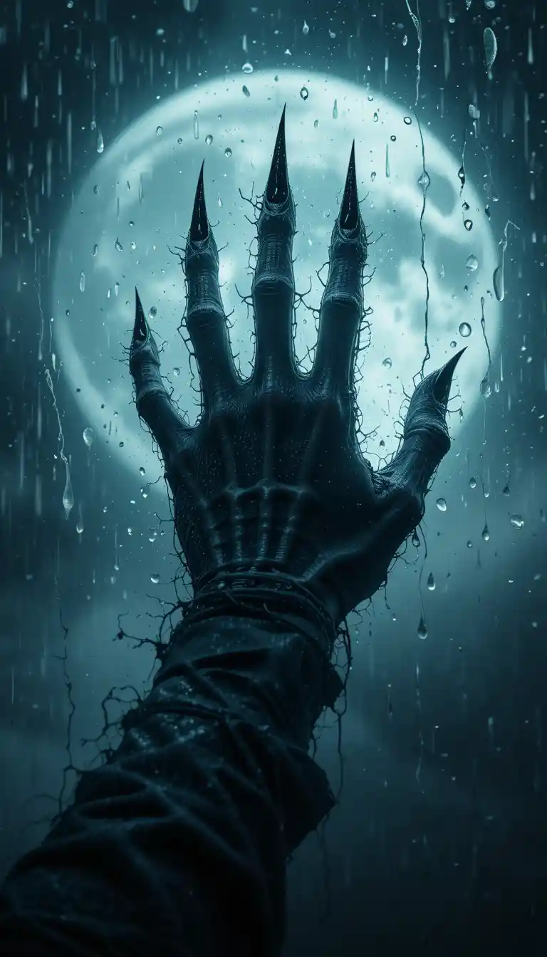 Demonic clawed hand pressing through foggy rainy glass