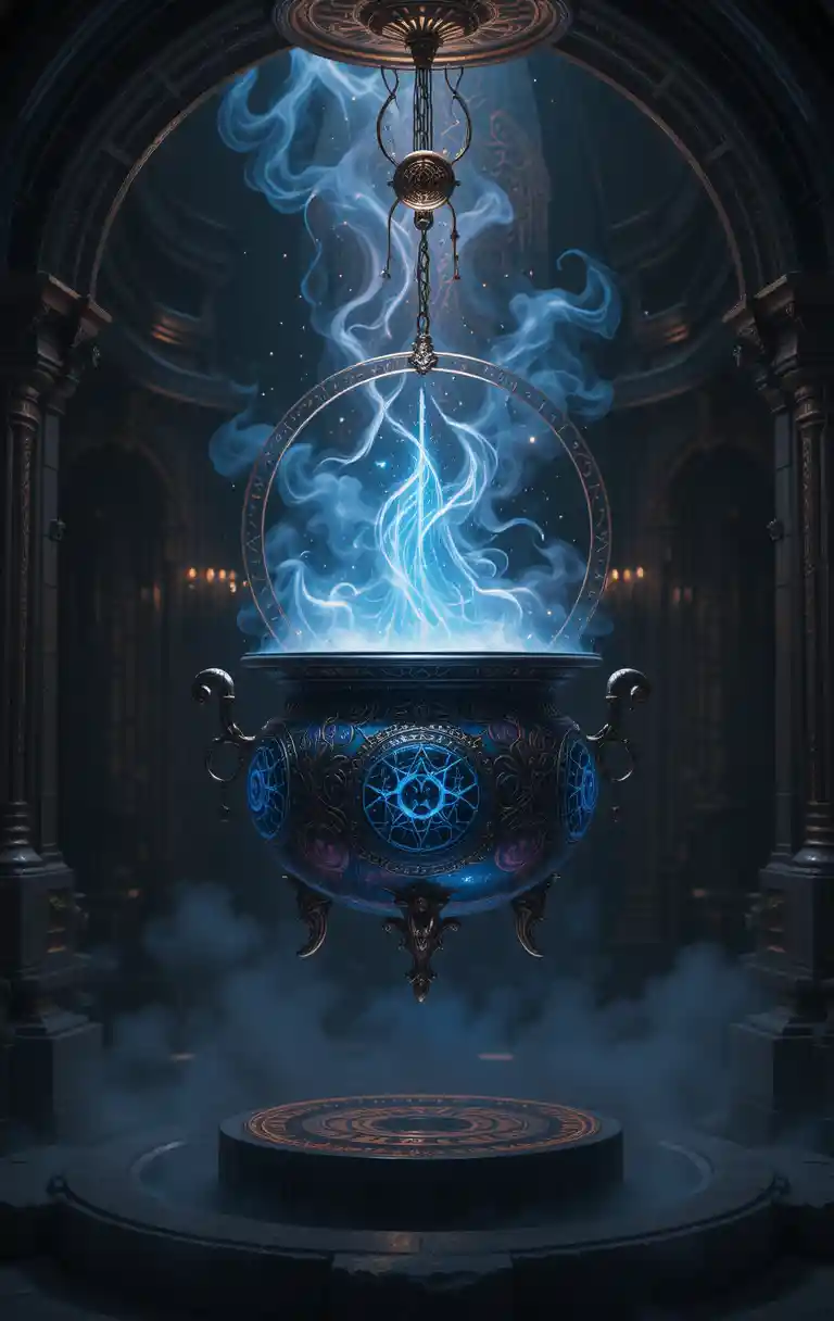 Mystical Cauldron In Dim Chamber With Glowing Ethereal Mist