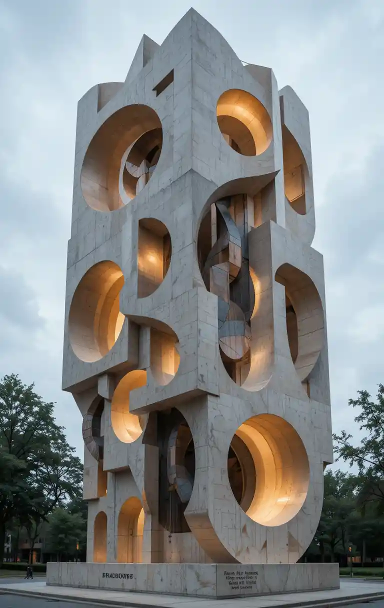 Abstract stone sculpture with glowing geometric forms