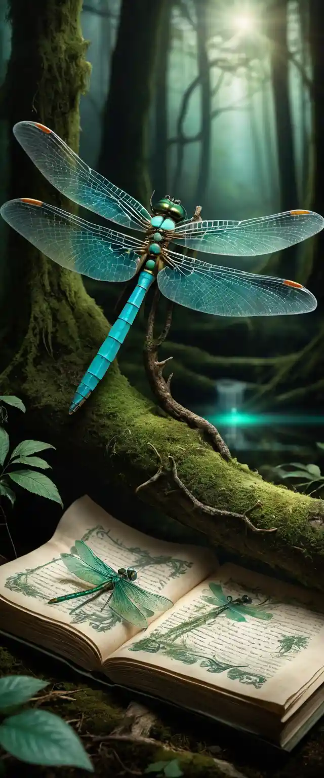Glowing dragonfly on ancient scroll in dark forest