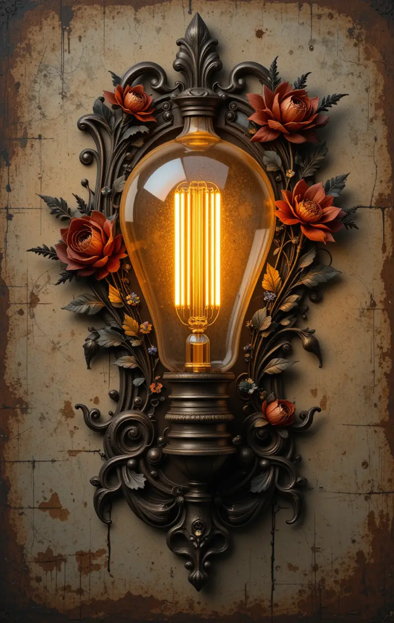 Vintage edison bulb wall sconce with industrial gothic art
