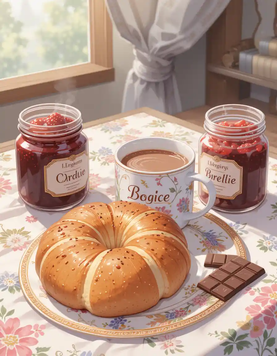 Café da manhã em estilo anime com brioche e chocolate quente