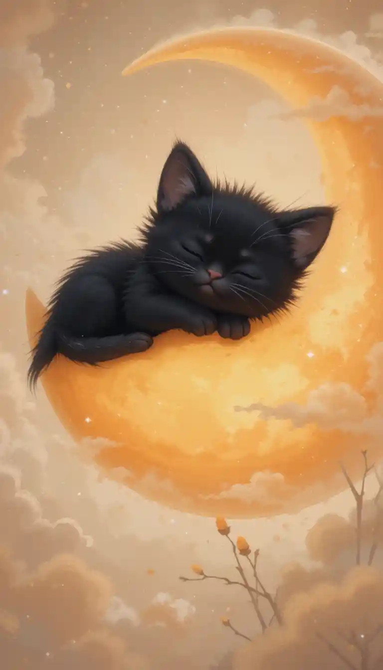 Cute black kitten sleeping on orange crescent moon