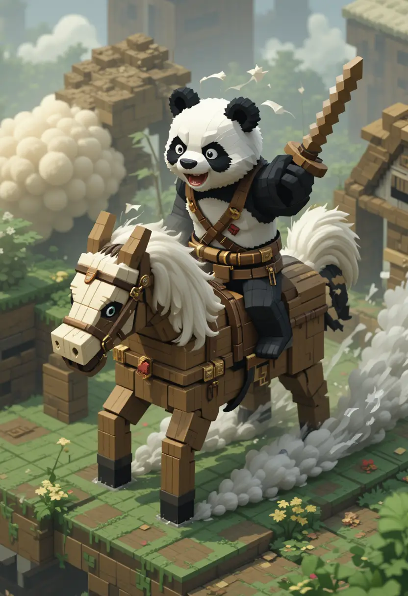 Determined panda charging on bamboo horse in pixel art battle