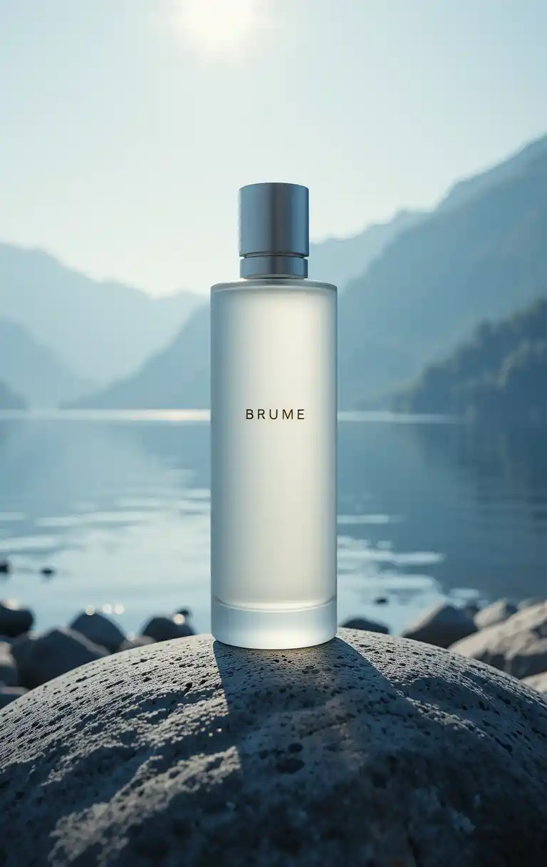 Flacon de parfum minimaliste sur galet au bord d’un lac paisible
