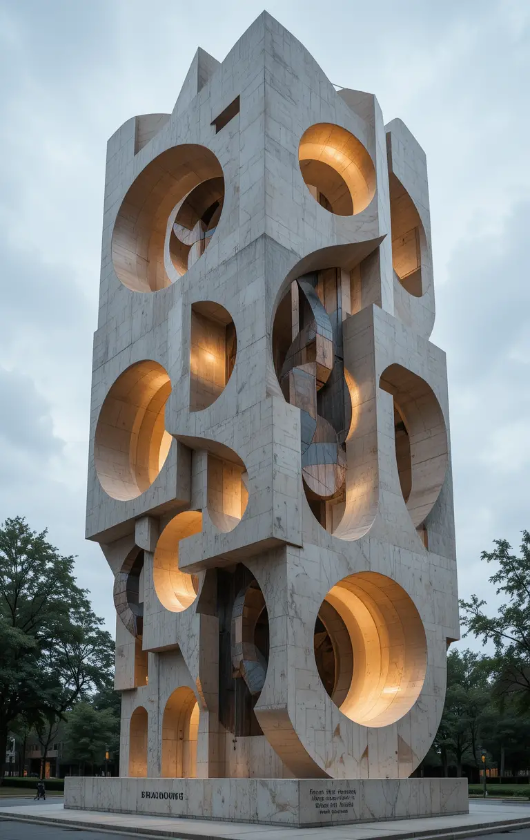 Abstract stone sculpture with glowing geometric forms