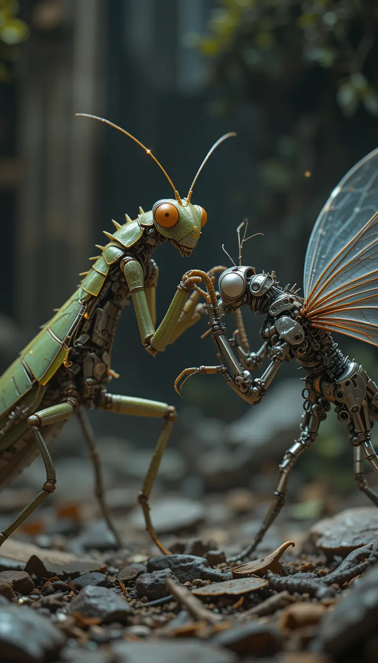 激しく戦う機械のカマキリとトンボ