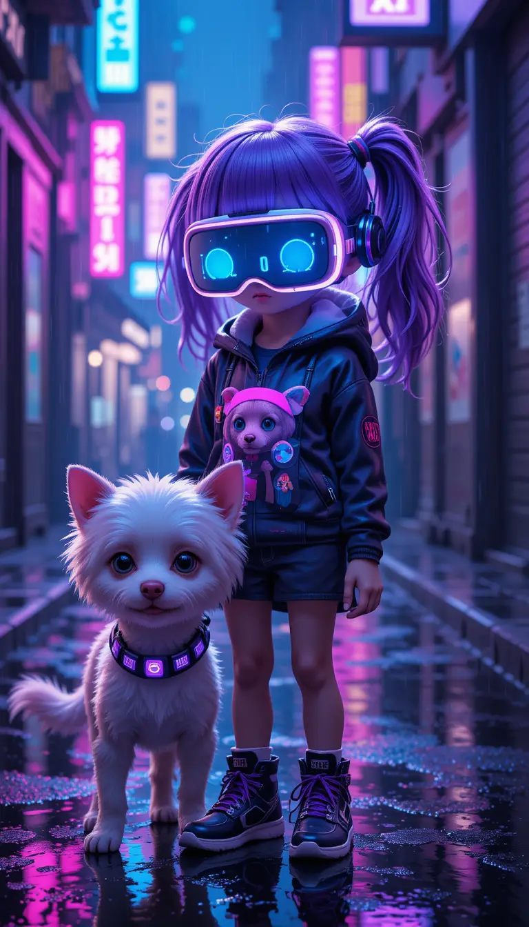 Cyberpunk girl with neon hair and vr glasses in alley