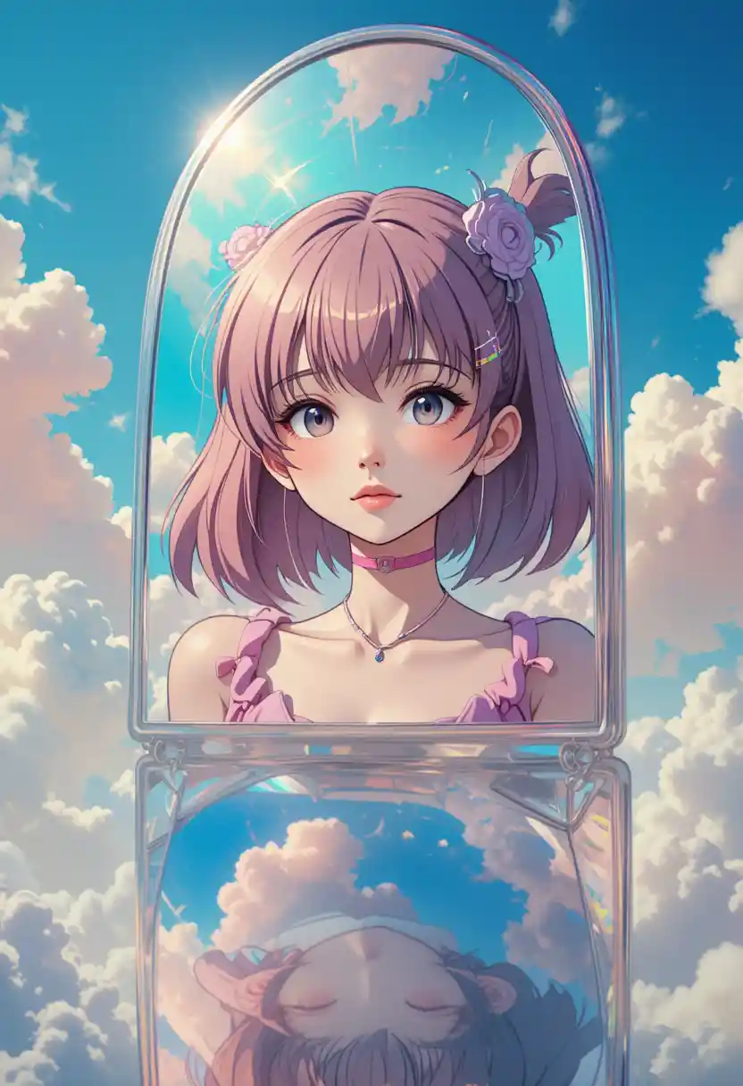 Anime girl reflected in a giant sky mirror
