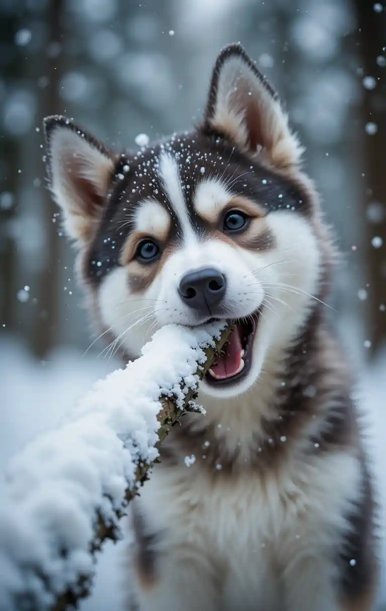 Playful husky puppy biting a snowy forest branch
