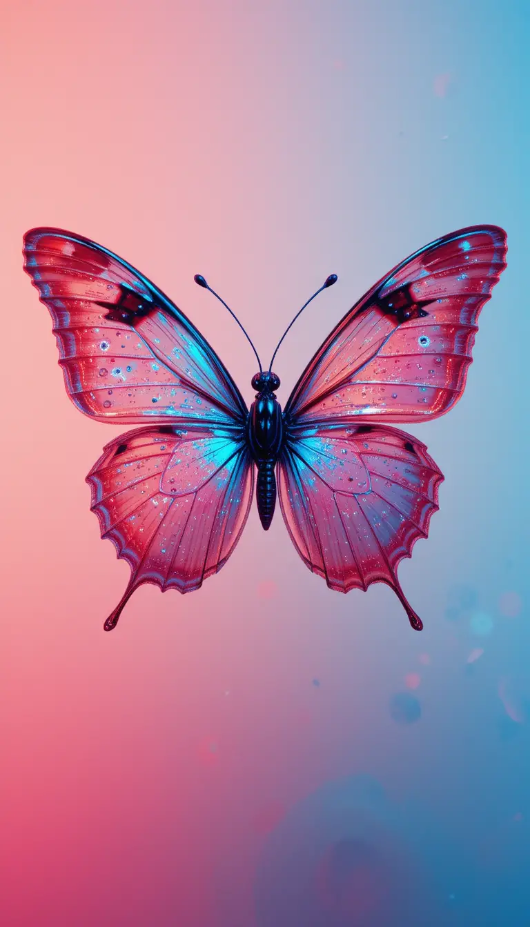 Colorful butterfly with glass texture under neon studio light