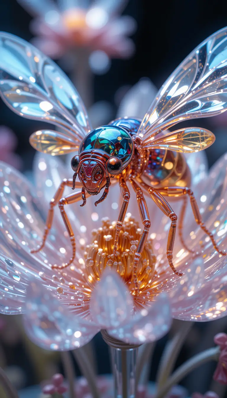 Glass insects on crystalline flowers in vibrant close up