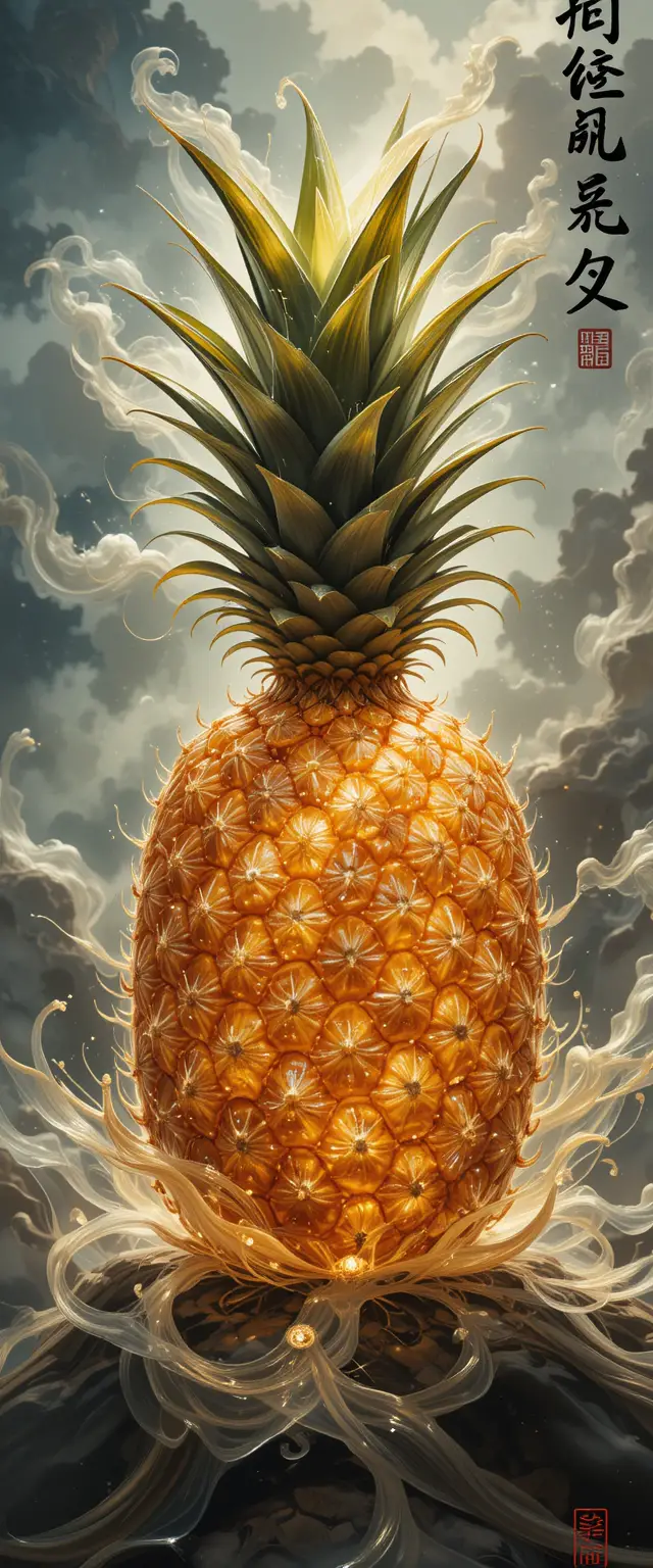 Dipinto cinese di un singolo ananas con luce soffusa