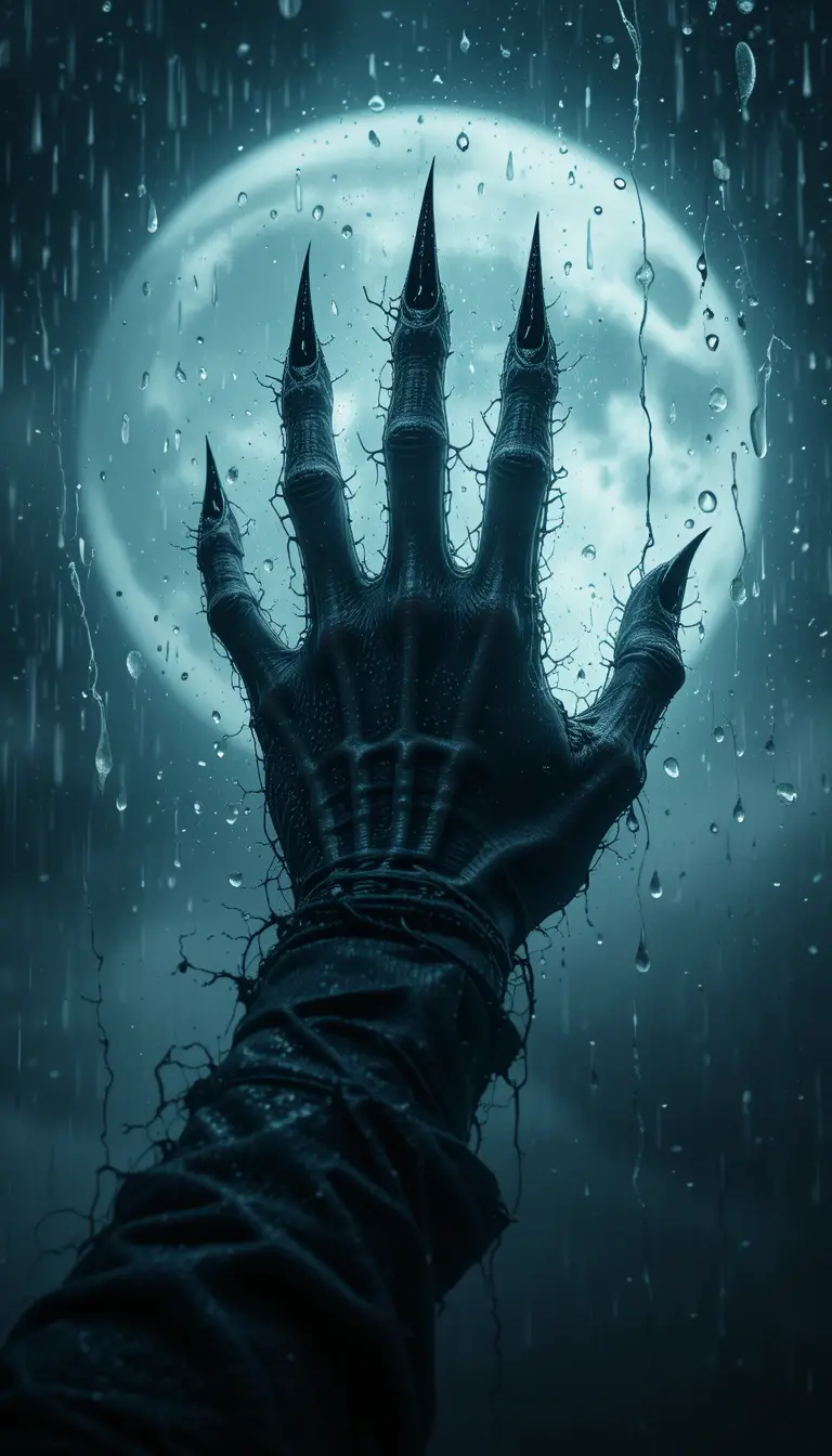 Demonic clawed hand pressing through foggy rainy glass