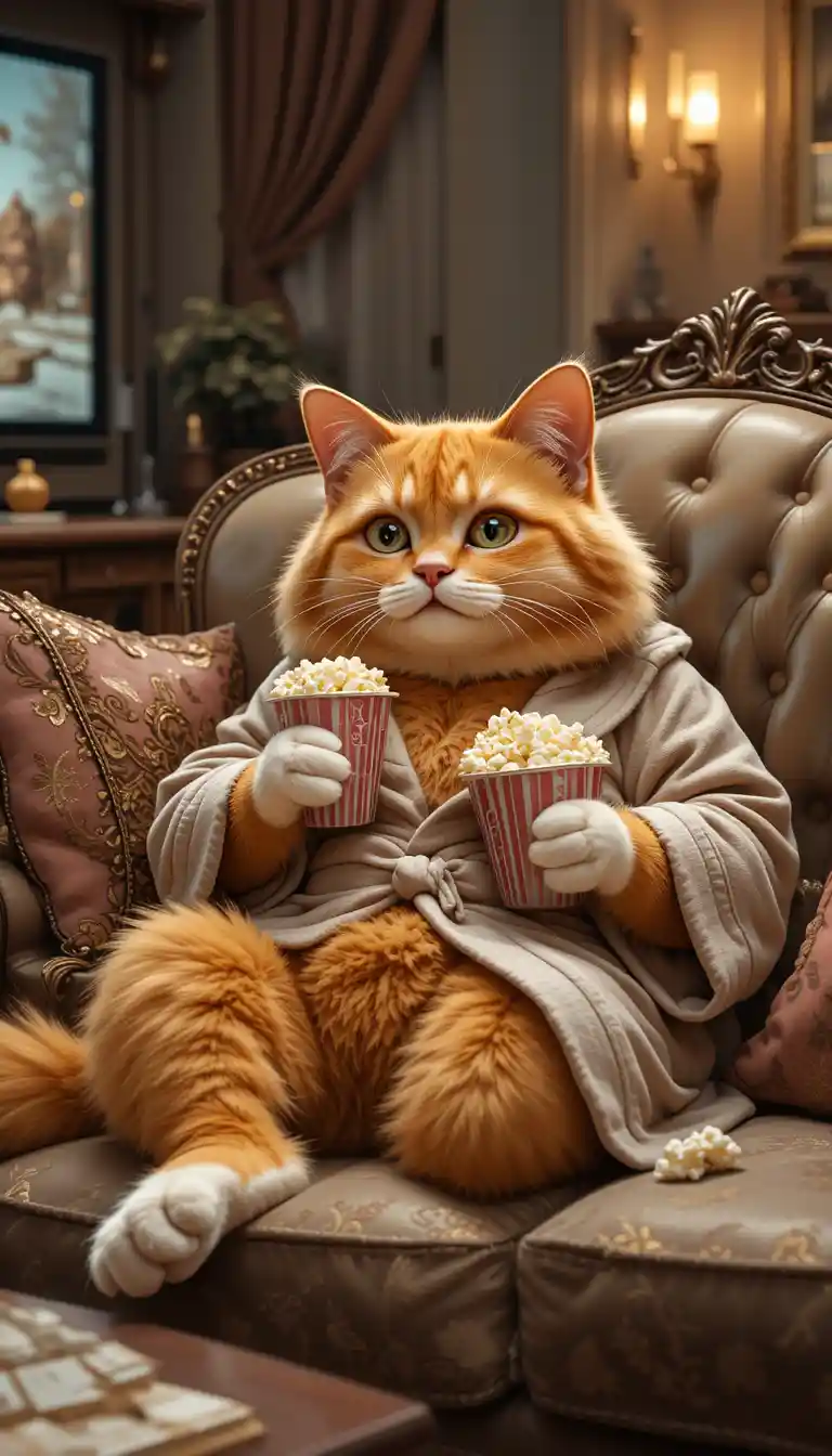 Ginger cat relaxing on a sofa watching tv with popcorn