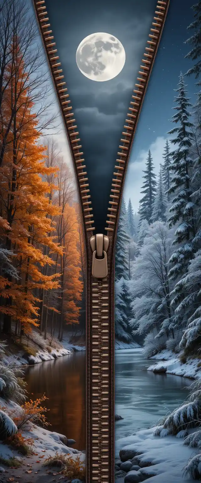 Zipper Revealing Autumn Forest And Frozen Winter Landscape