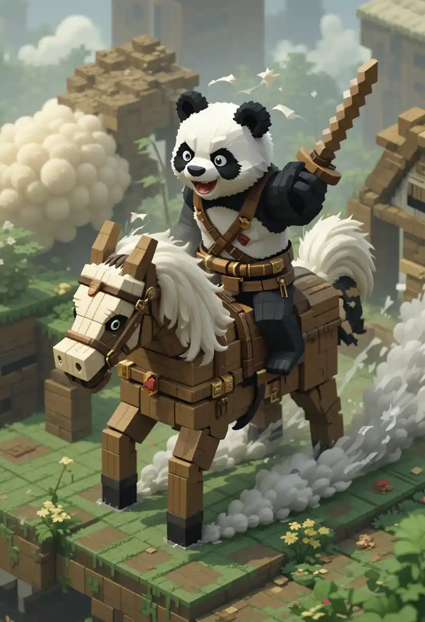 Determined panda charging on bamboo horse in pixel art battle