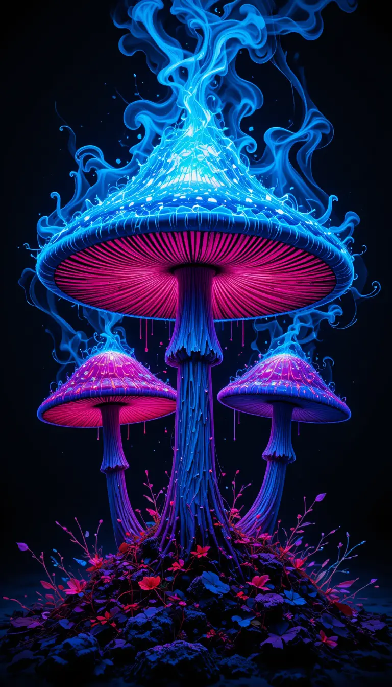 Glowing Blue And Red Mushrooms On Black Background