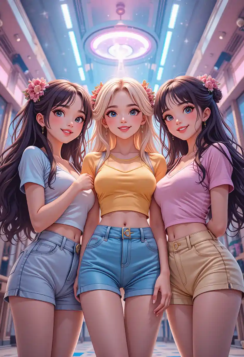 Three cartoon girls posing in pastel casual outfits