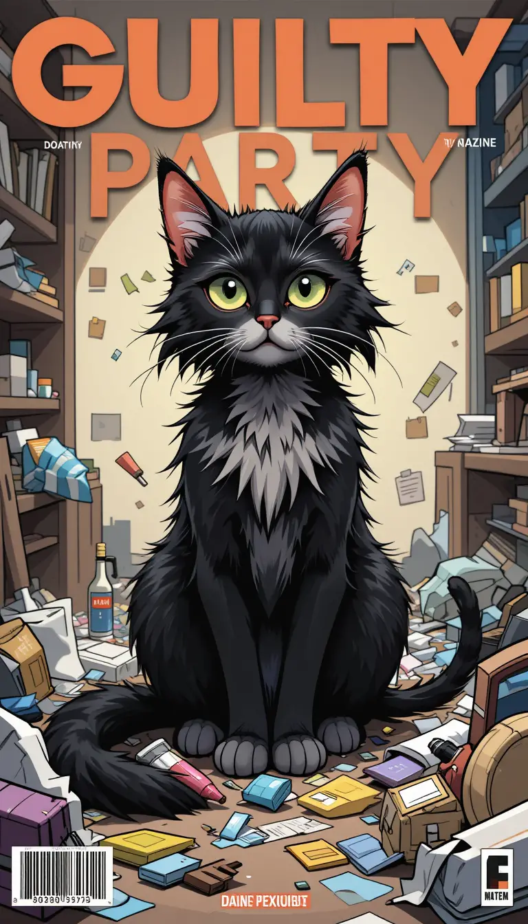 Cartoon long haired cat on messy guilty party magazine cover