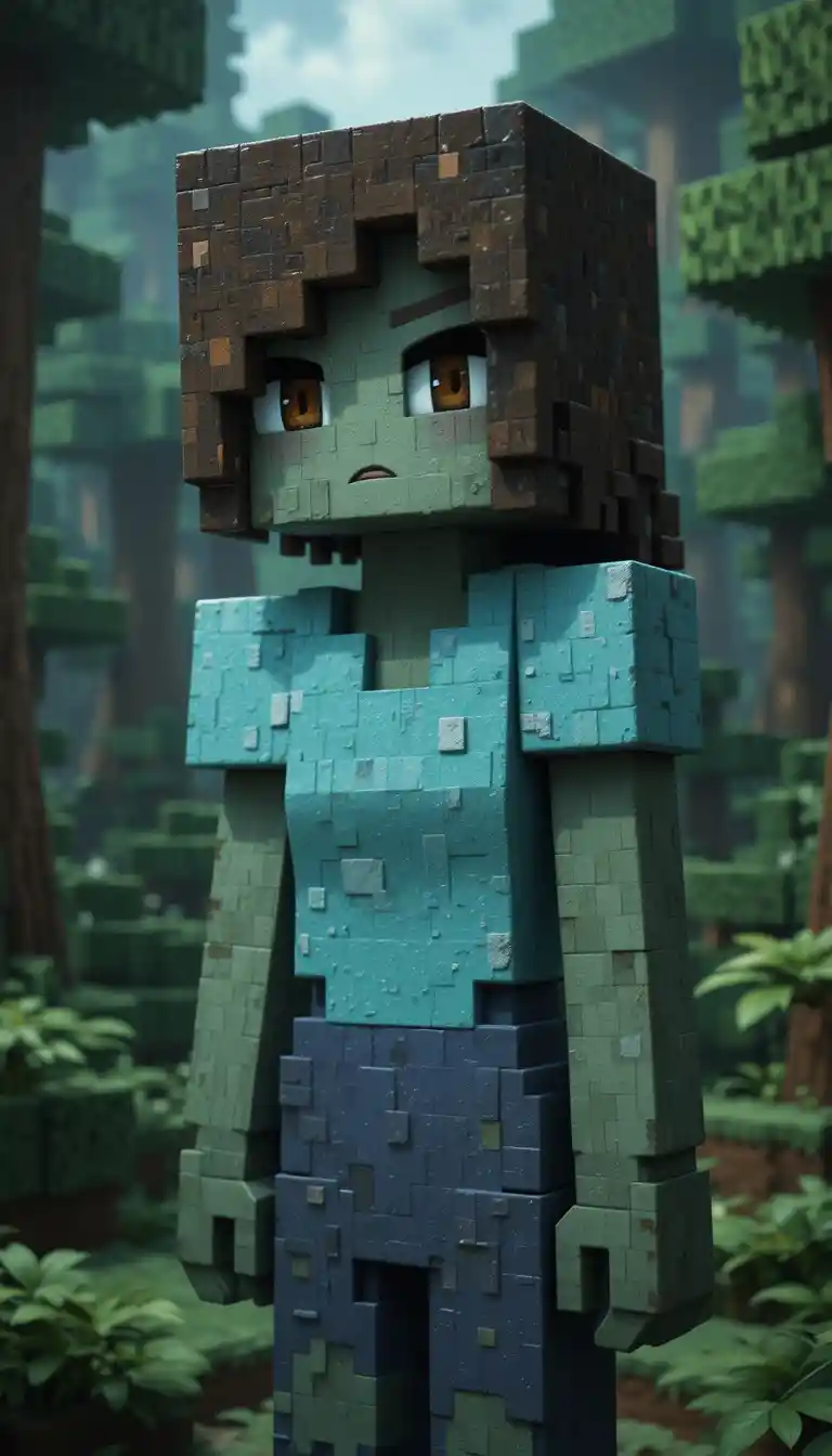 Pixel art portrait of a zombie girl in a forest